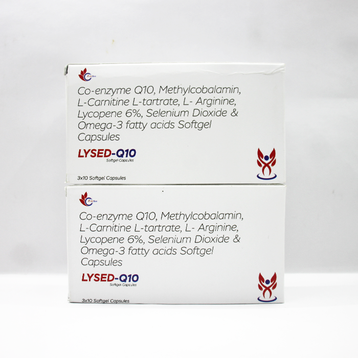 Lysed-Q10 | Softgel capsules Ubidecarenone (Co-Enzyme Q10 10mg), L-Carnitine 500mg, L- Arginine 100mg, Lycopene 4000mcg, Selenium100mcg, Omega 3 Fatty Acid 150mcg & Methylcobalamin 1500mcg | by Getway healthcare