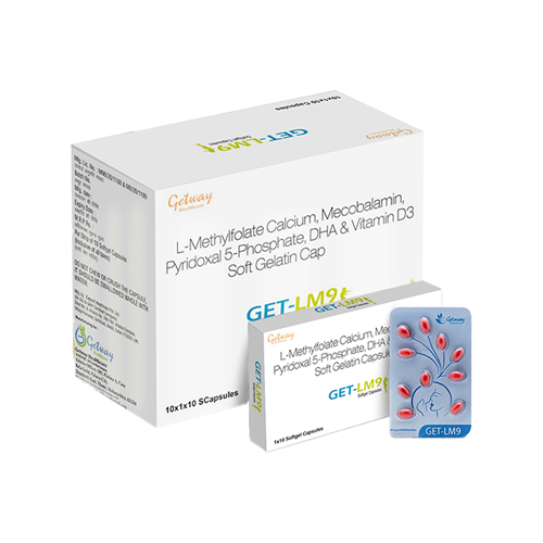 Get-LM9 | Soft gel capsules L-Methylfolate 1mg+ Mecobalamin 1500mcg+Pyridoxal 5 phosphate 0.5 mg+Docosahexaenoic acid (DHA)40% 200mg + vitamin D3 IP 2000 IU soft gel capsules (Drug) | by Getway healthcare