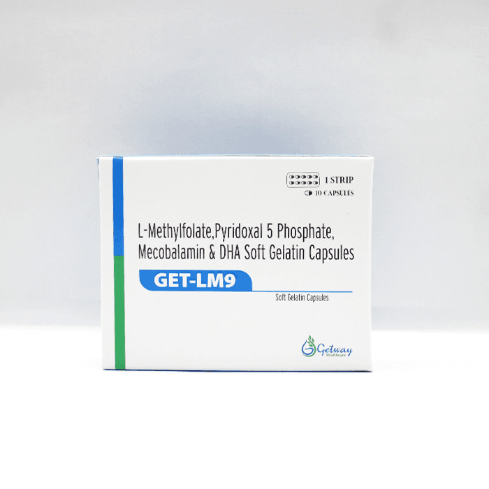 Get-LM9 | Soft gel capsules L-Methylfolate 1mg+ Mecobalamin 1500mcg+Pyridoxal 5 phosphate 0.5 mg+Docosahexaenoic acid (DHA)40% 200mg + vitamin D3 IP 2000 IU soft gel capsules (Drug) | by Getway healthcare